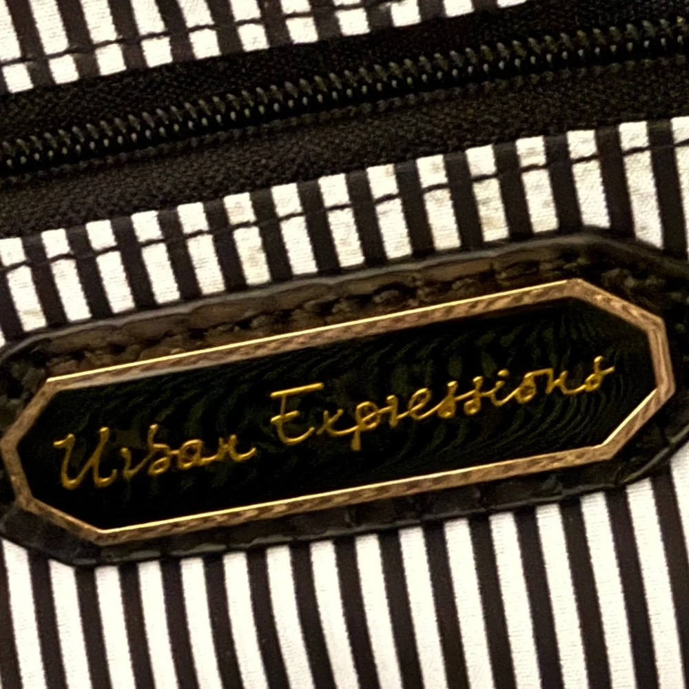 Urban Expressions Snakeskin Embossed Black Envelope Clutch with Gold Chain